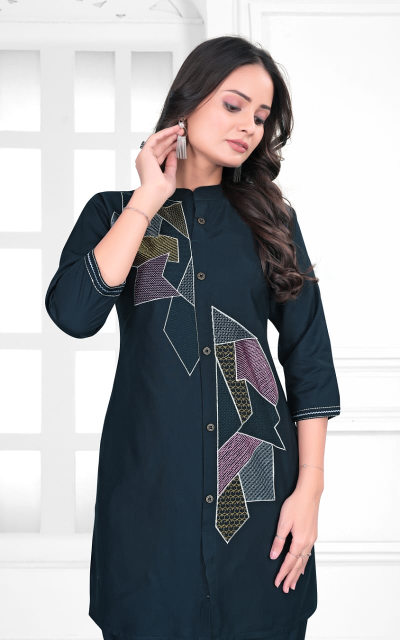 Black Rayon Co-Ord Set with Geometric Embroidered Front Panel