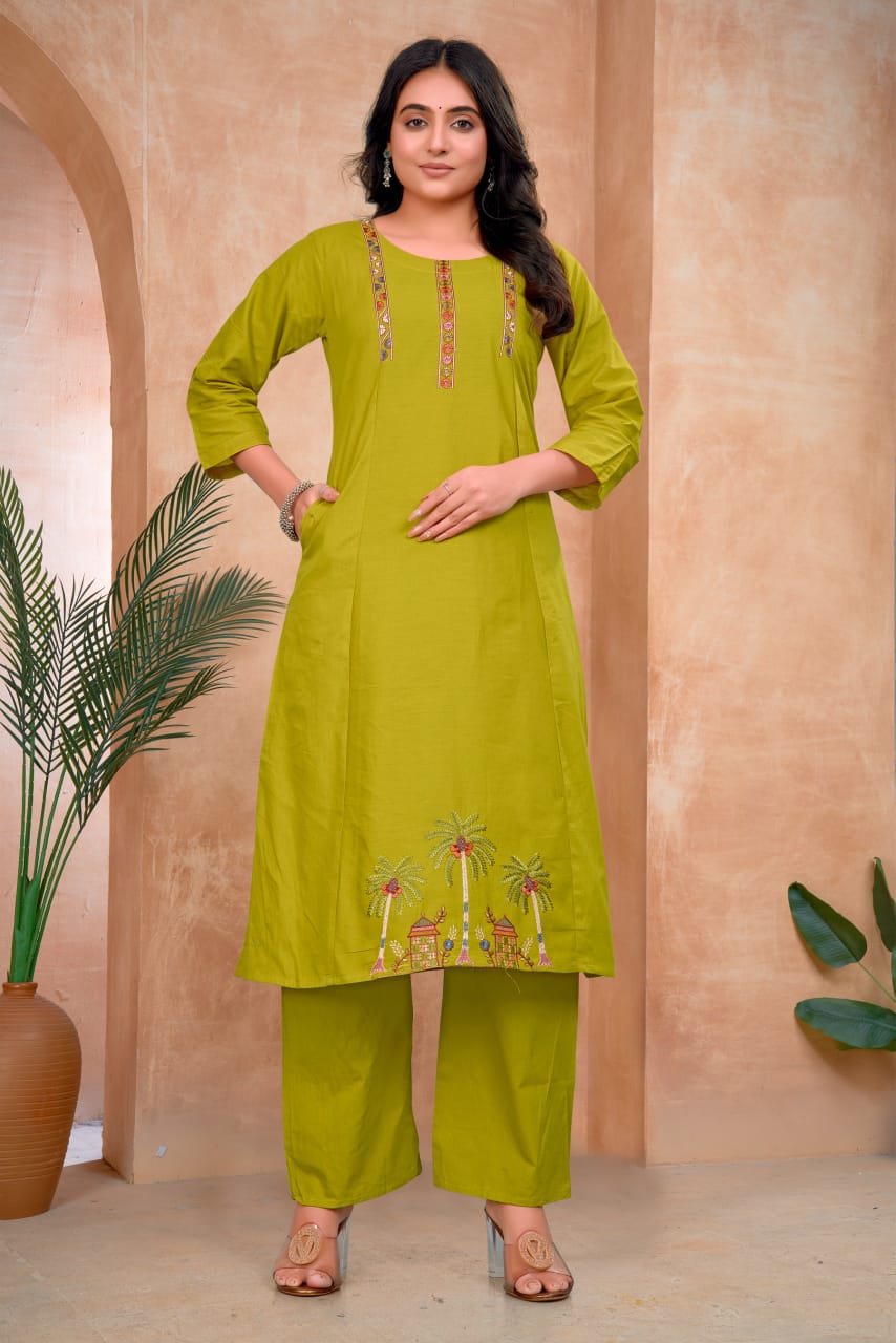 Coconut Tree Embroidered Dhabu Cotton Kurta Set with Palazzos