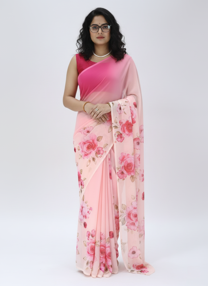 Weightless Floral pink Yellow Sarees