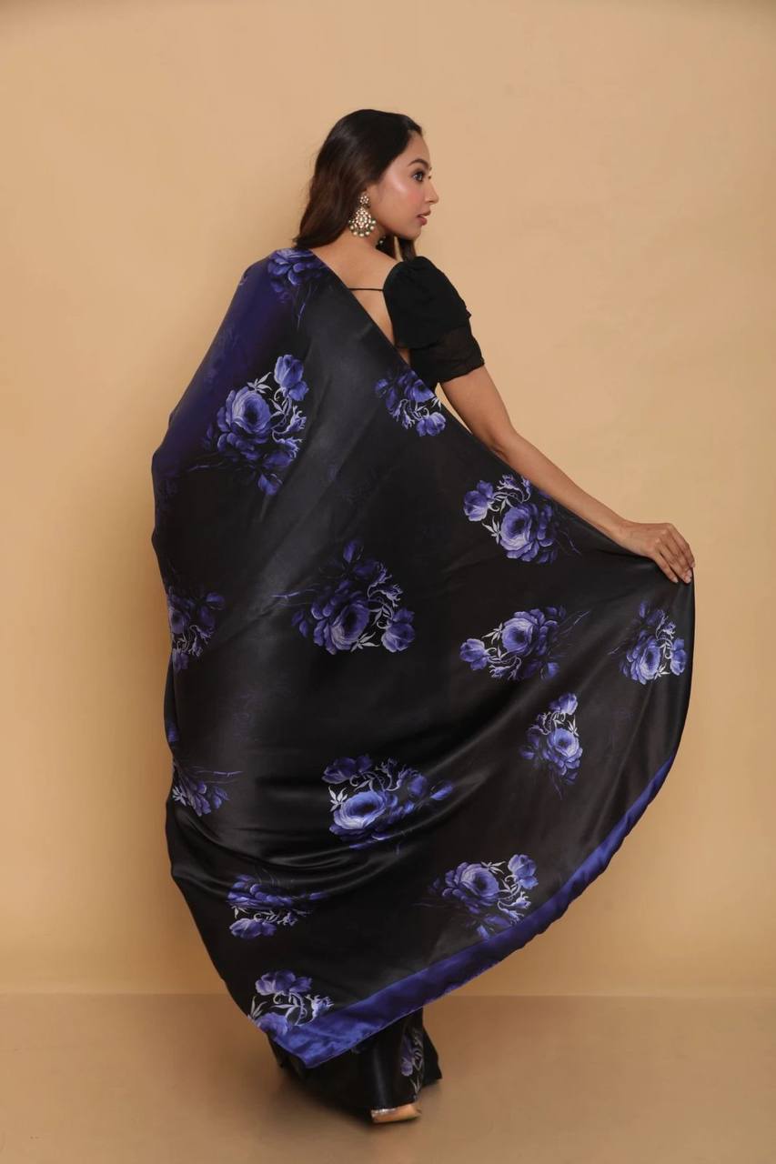 Blue Floral Designs Heavy Satin Sarees With Plain Blouse