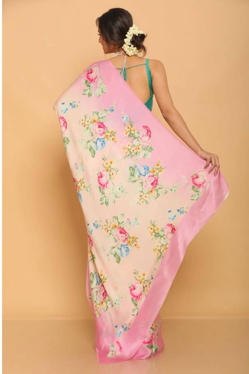 Baby Pink Floral Designs Heavy Satin Sarees With Plain Blouse