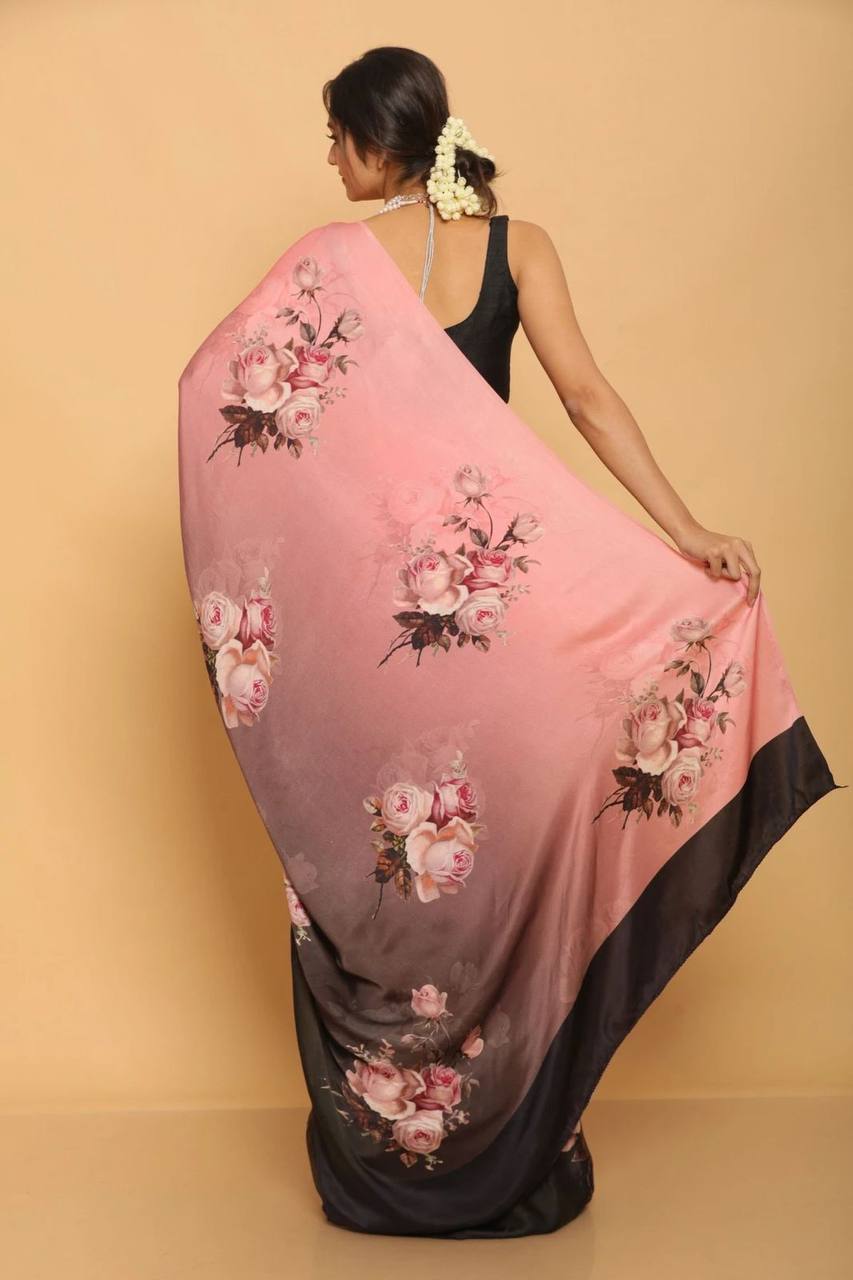 Pink Floral Designs Heavy Satin Sarees With Plain Blouse