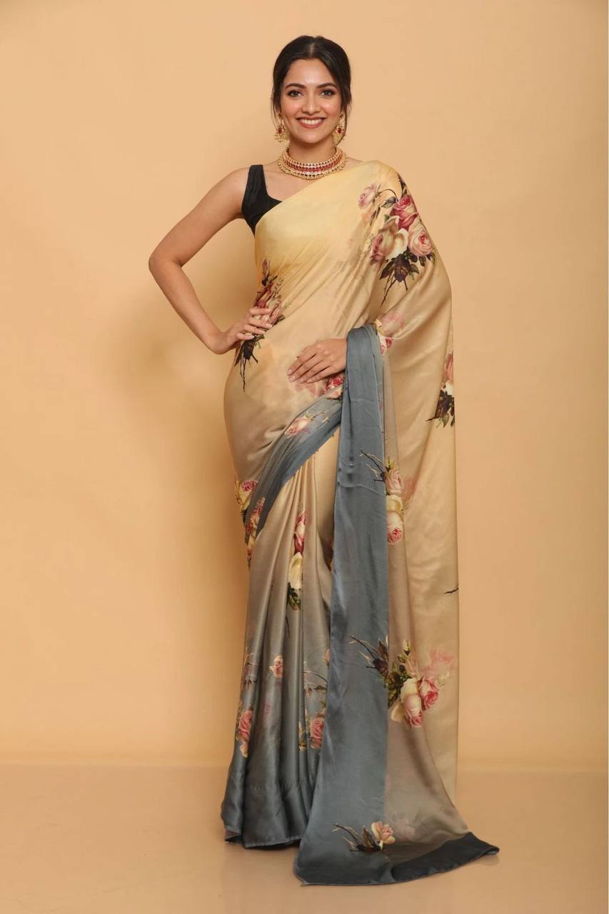 Cream Floral Designs Heavy Satin Sarees With Plain Blouse