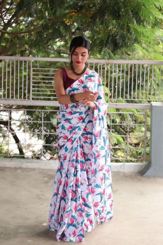 Purple And Pink Floral Designs Heavy Satin Sarees With Plain Blouse