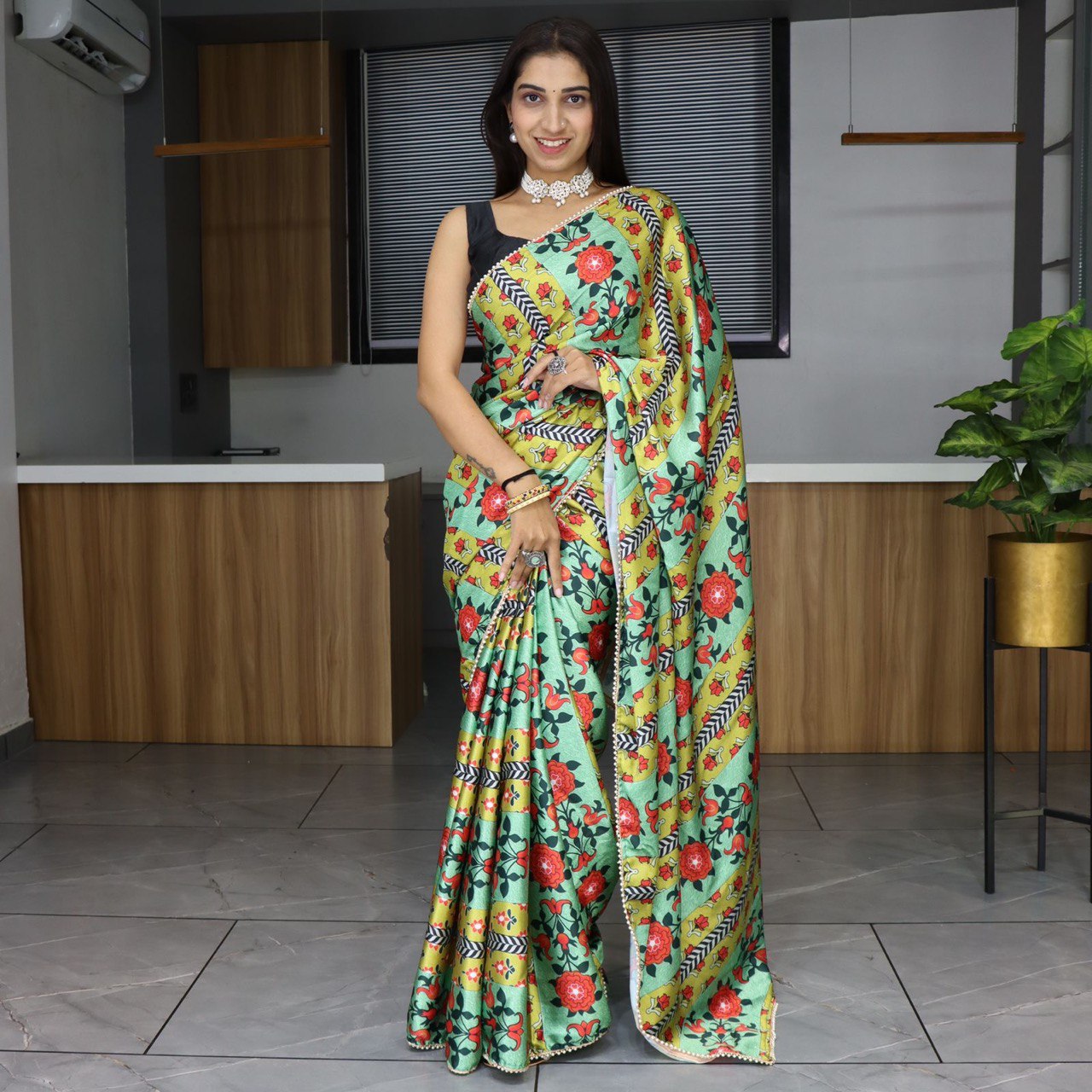 Chex prints Pure Japan Satin Sarees With Plain Blouse