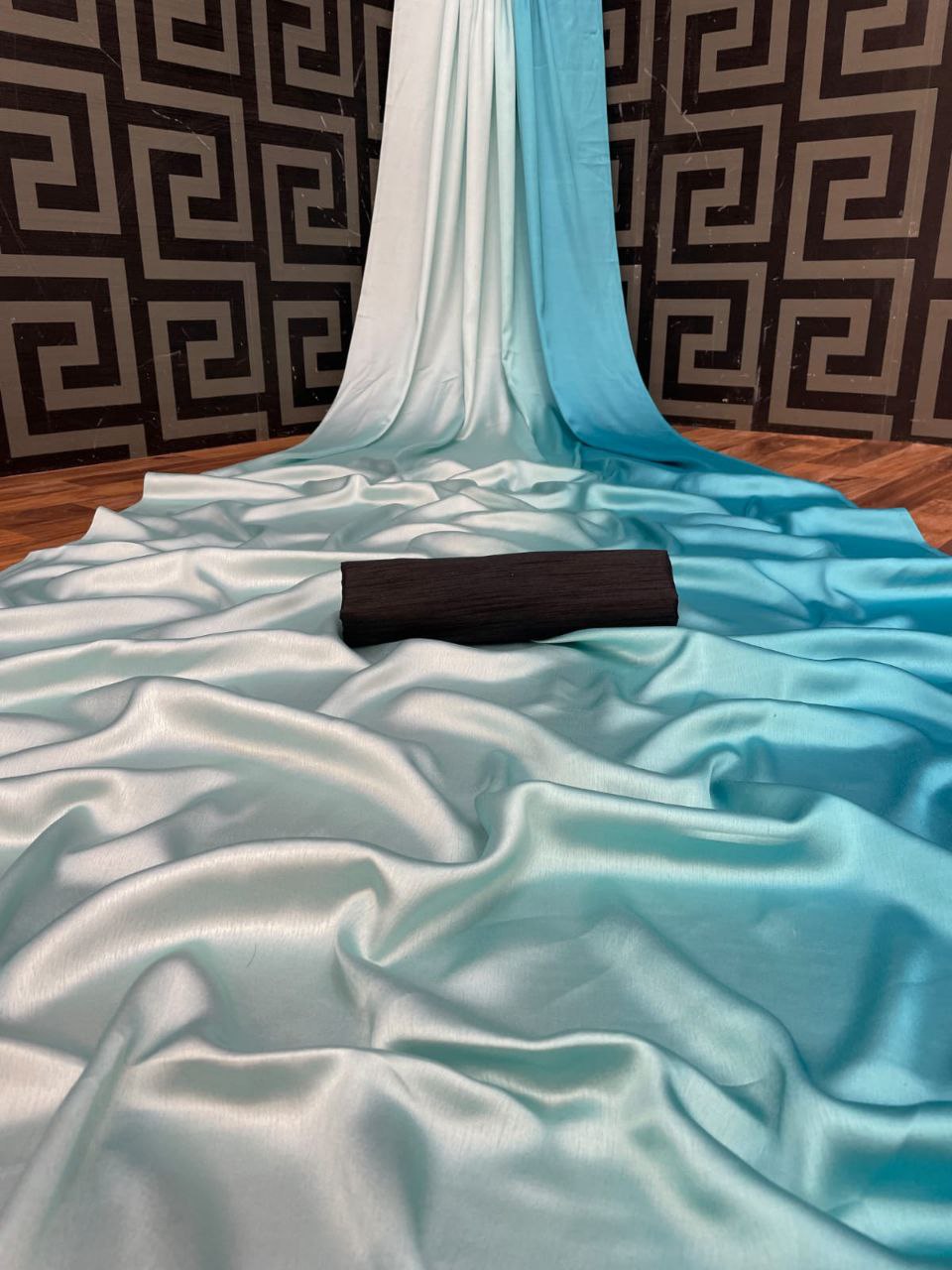 Japan Satin Saree with Sky Blue Fading All over Saree With Plain Blouse