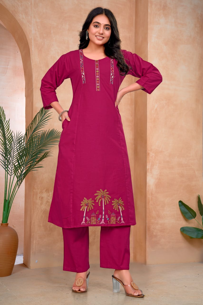 Coconut Tree Embroidered Dhabu Cotton Kurta Set with Palazzos