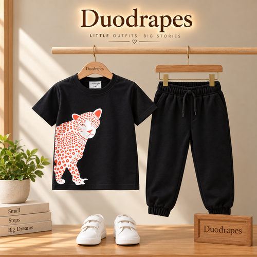 Boys Black T-Shirt & Jogger Set with Leopard Print | Stylish Kids Co-Ord Set