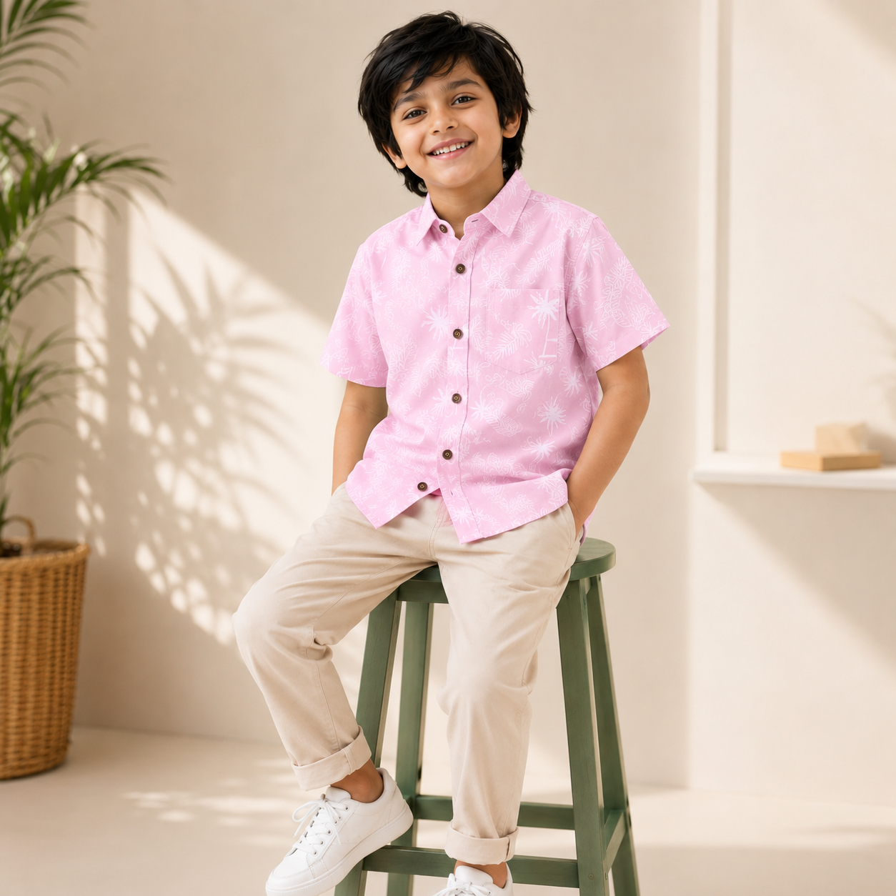 Boys Pink Cotton Tropical Leaf Printed Shirt – Short Sleeve Casual Shirt | DuoDrapes