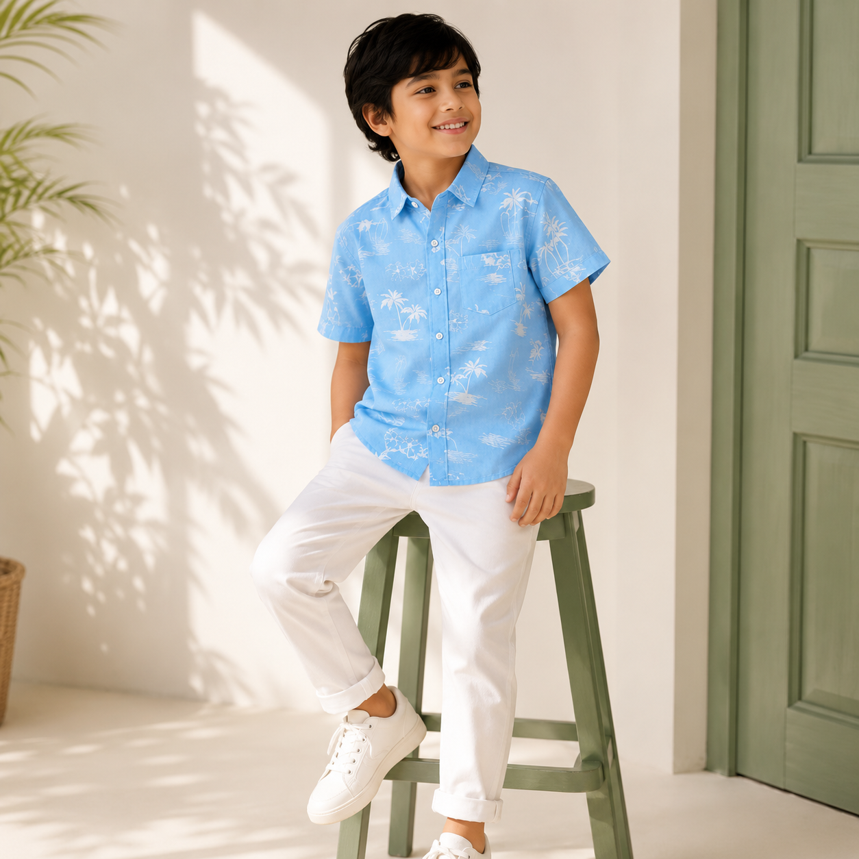 Boys Cotton Blue Tropical Print Shirt – Short Sleeve Casual Shirt | DuoDrapes