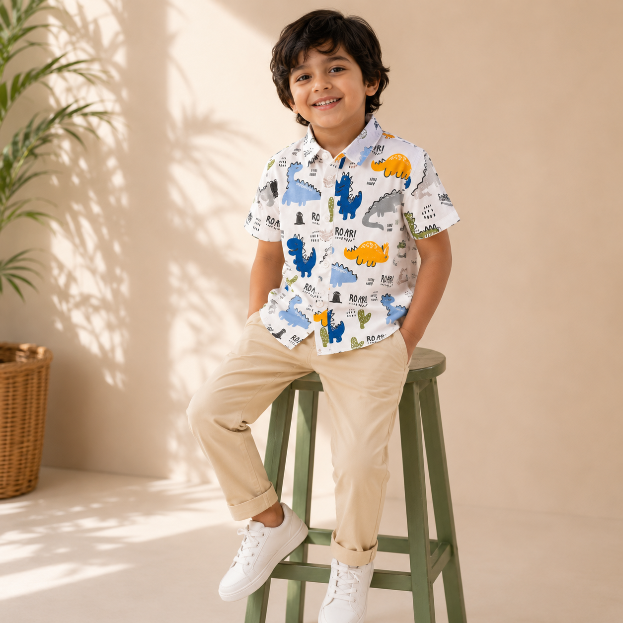 Boys Cotton Dinosaur Print Shirt – Short Sleeve Casual Shirt | DuoDrapes