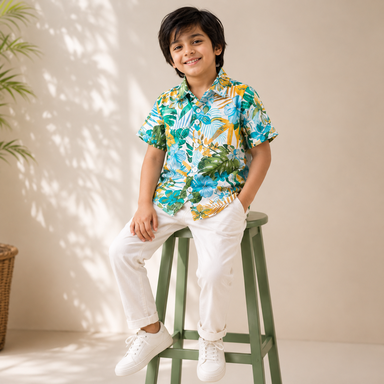 Boys Cotton Tropical Print Shirt – Short Sleeve Casual Shirt | DuoDrapes