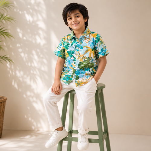 Boys Cotton Tropical Print Shirt – Short Sleeve Casual Shirt | DuoDrapes