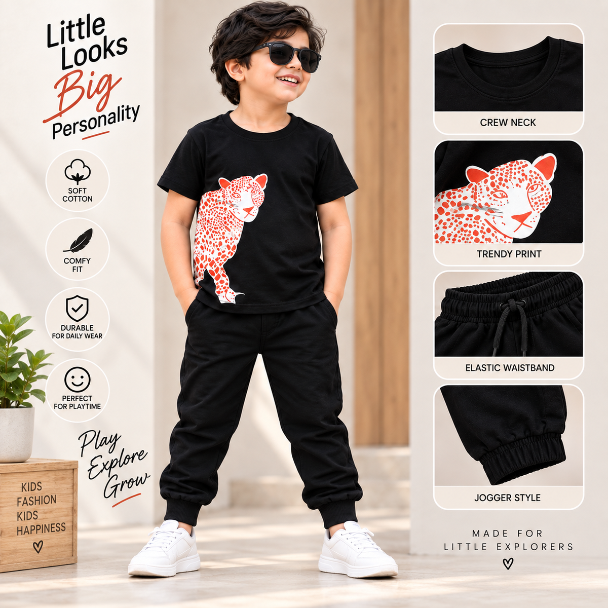 Boys Black T-Shirt & Jogger Set with Leopard Print | Stylish Kids Co-Ord Set