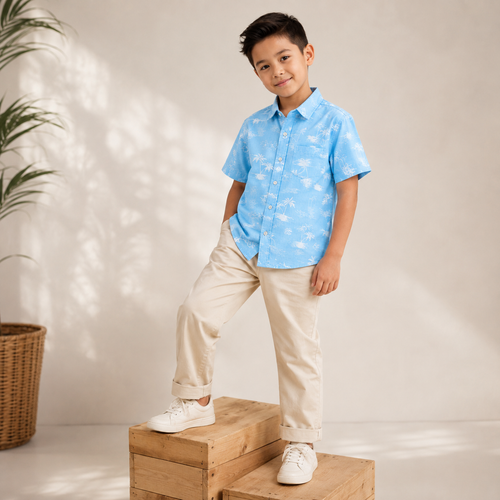 Boys Cotton Blue Tropical Print Shirt – Short Sleeve Casual Shirt | DuoDrapes