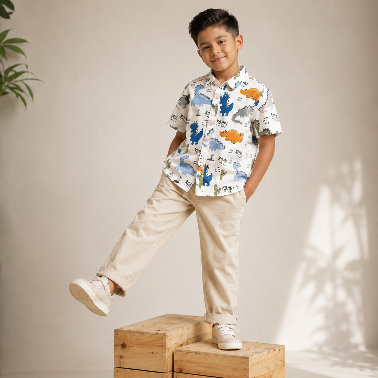 Boys Cotton Dinosaur Print Shirt – Short Sleeve Casual Shirt | DuoDrapes