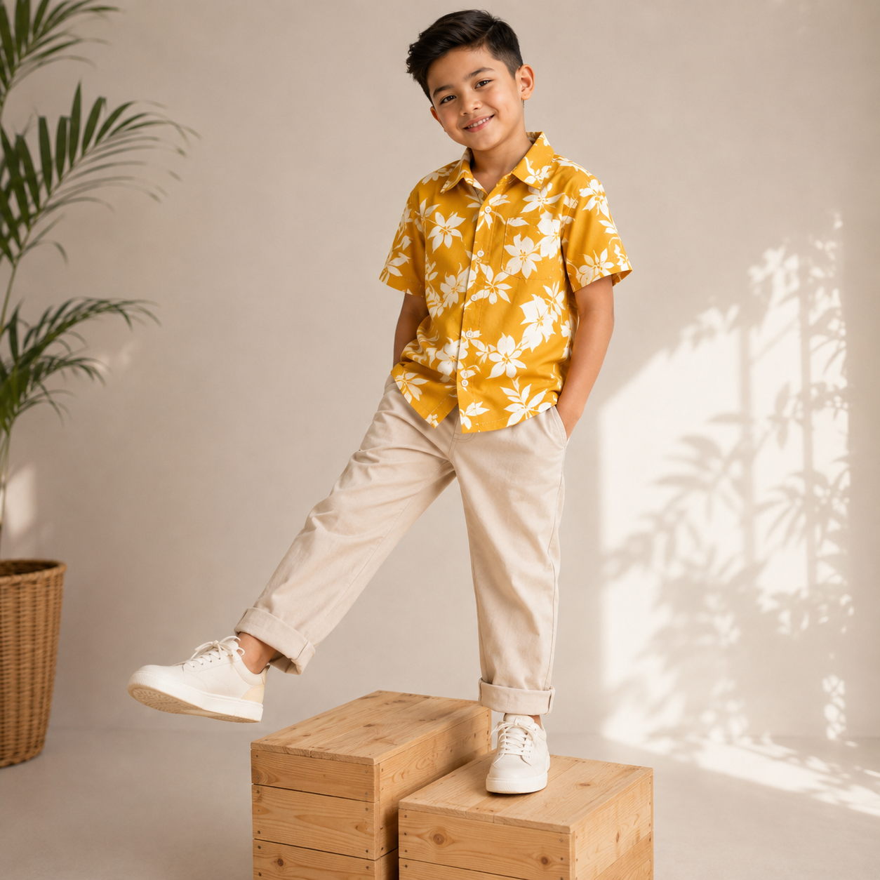Boys Cotton Yellow Floral Print Shirt – Short Sleeve Casual Shirt | DuoDrapes