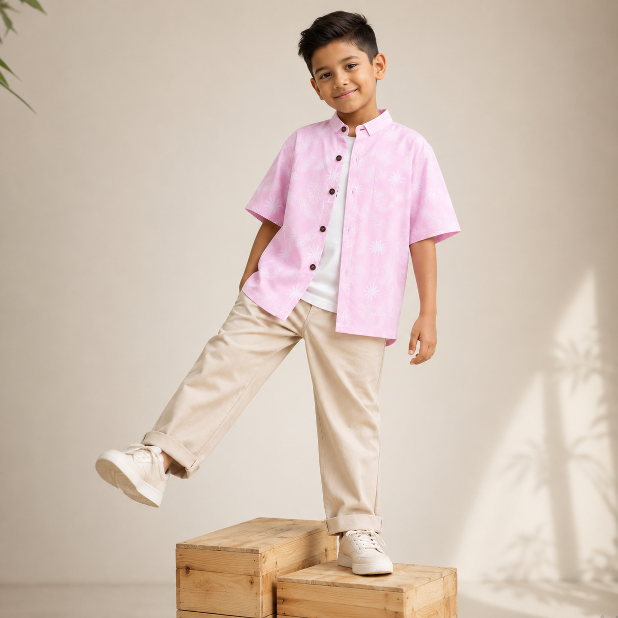 Boys Pink Cotton Tropical Leaf Printed Shirt – Short Sleeve Casual Shirt | DuoDrapes