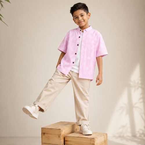 Boys Pink Cotton Tropical Leaf Printed Shirt – Short Sleeve Casual Shirt | DuoDrapes