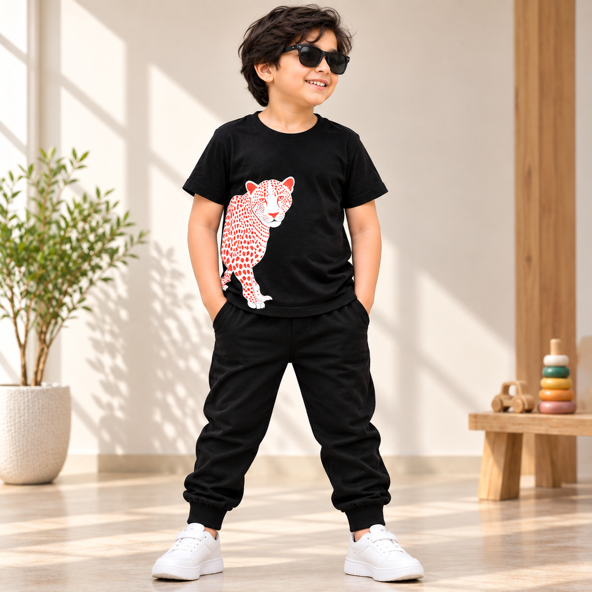Boys Black T-Shirt & Jogger Set with Leopard Print | Stylish Kids Co-Ord Set