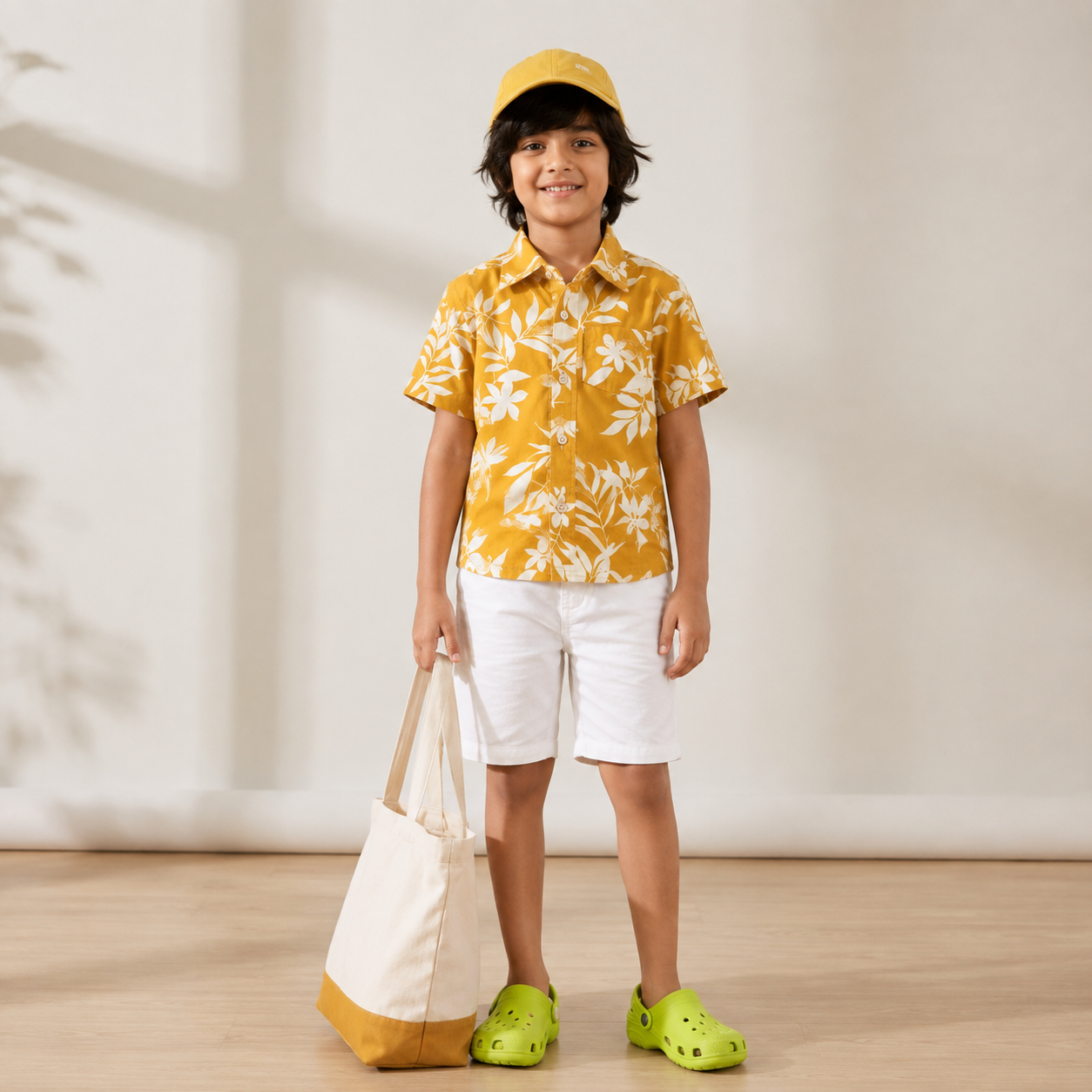 Boys Cotton Yellow Floral Print Shirt – Short Sleeve Casual Shirt | DuoDrapes