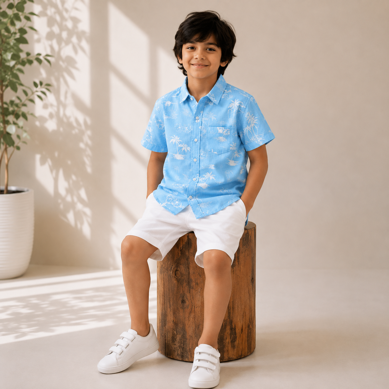 Boys Cotton Blue Tropical Print Shirt – Short Sleeve Casual Shirt | DuoDrapes