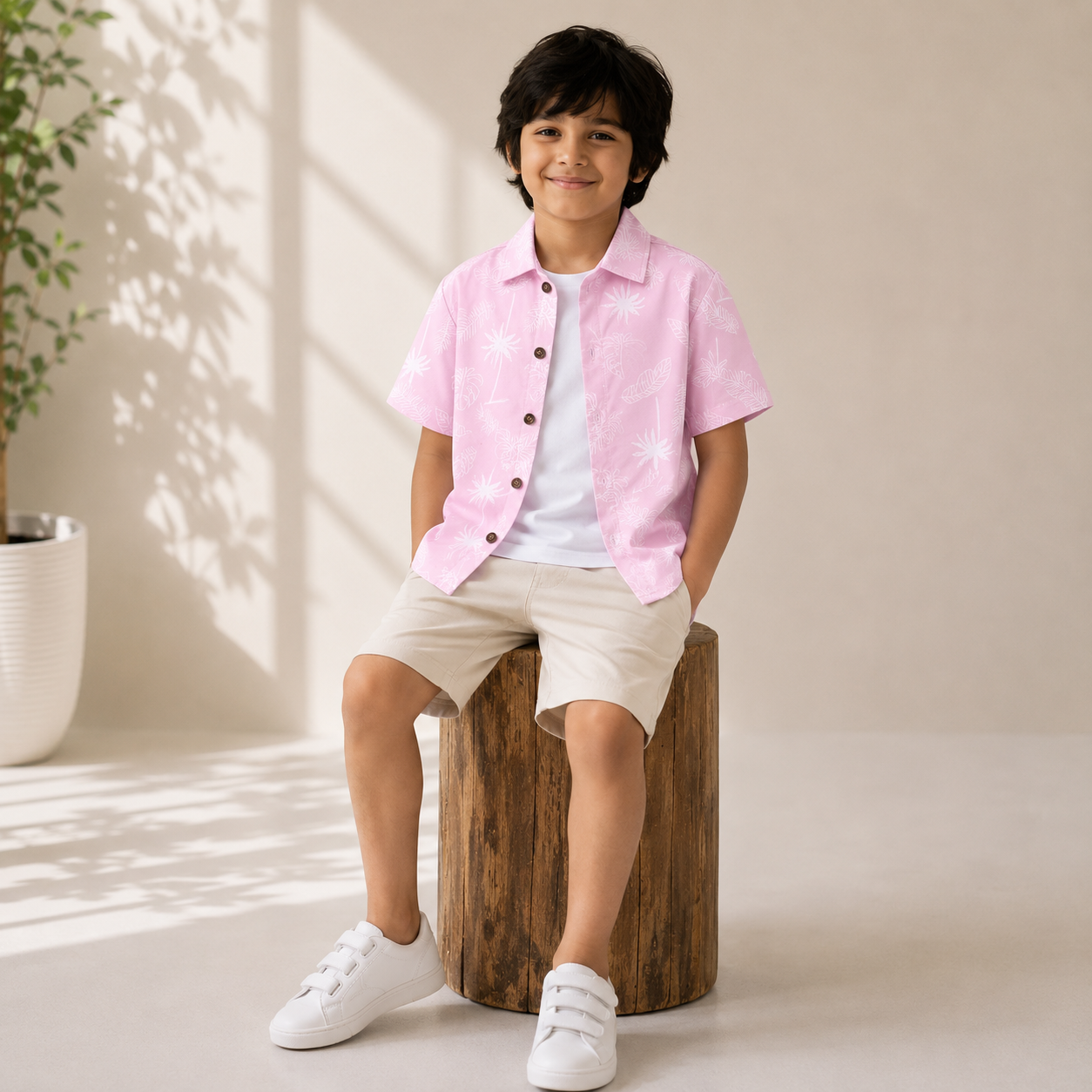 Boys Pink Cotton Tropical Leaf Printed Shirt – Short Sleeve Casual Shirt | DuoDrapes