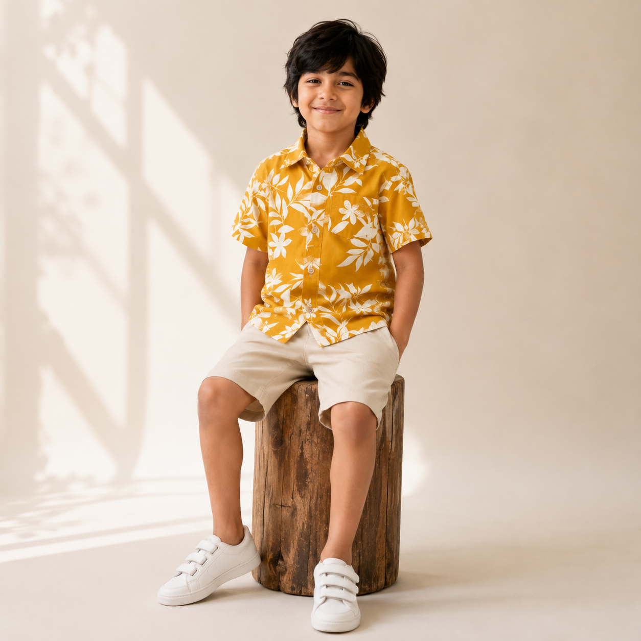 Boys Cotton Yellow Floral Print Shirt – Short Sleeve Casual Shirt | DuoDrapes