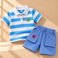 DuoDrapes Blue & White Striped Polo T-Shirt with Blue Cargo Shorts Set for Boys