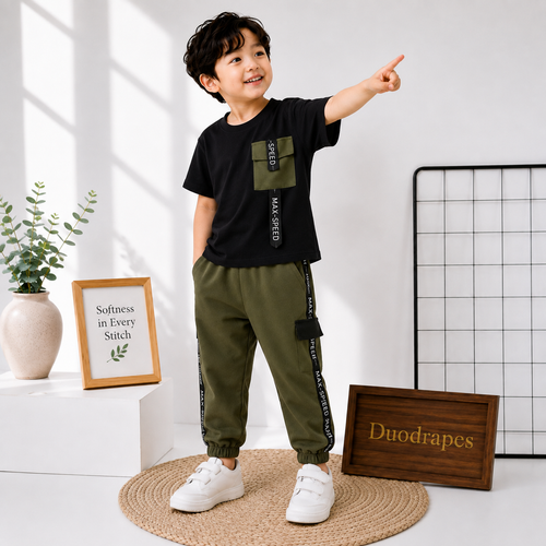 Boys Black & Olive Green Casual T-Shirt & Jogger Set