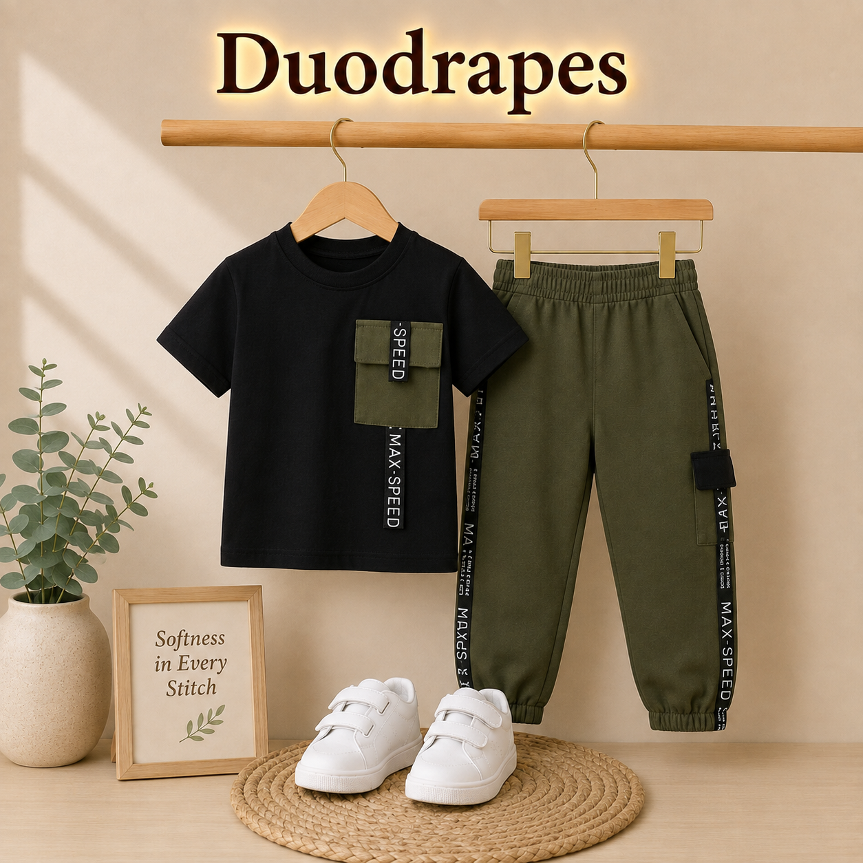 Boys Black & Olive Green Casual T-Shirt & Jogger Set