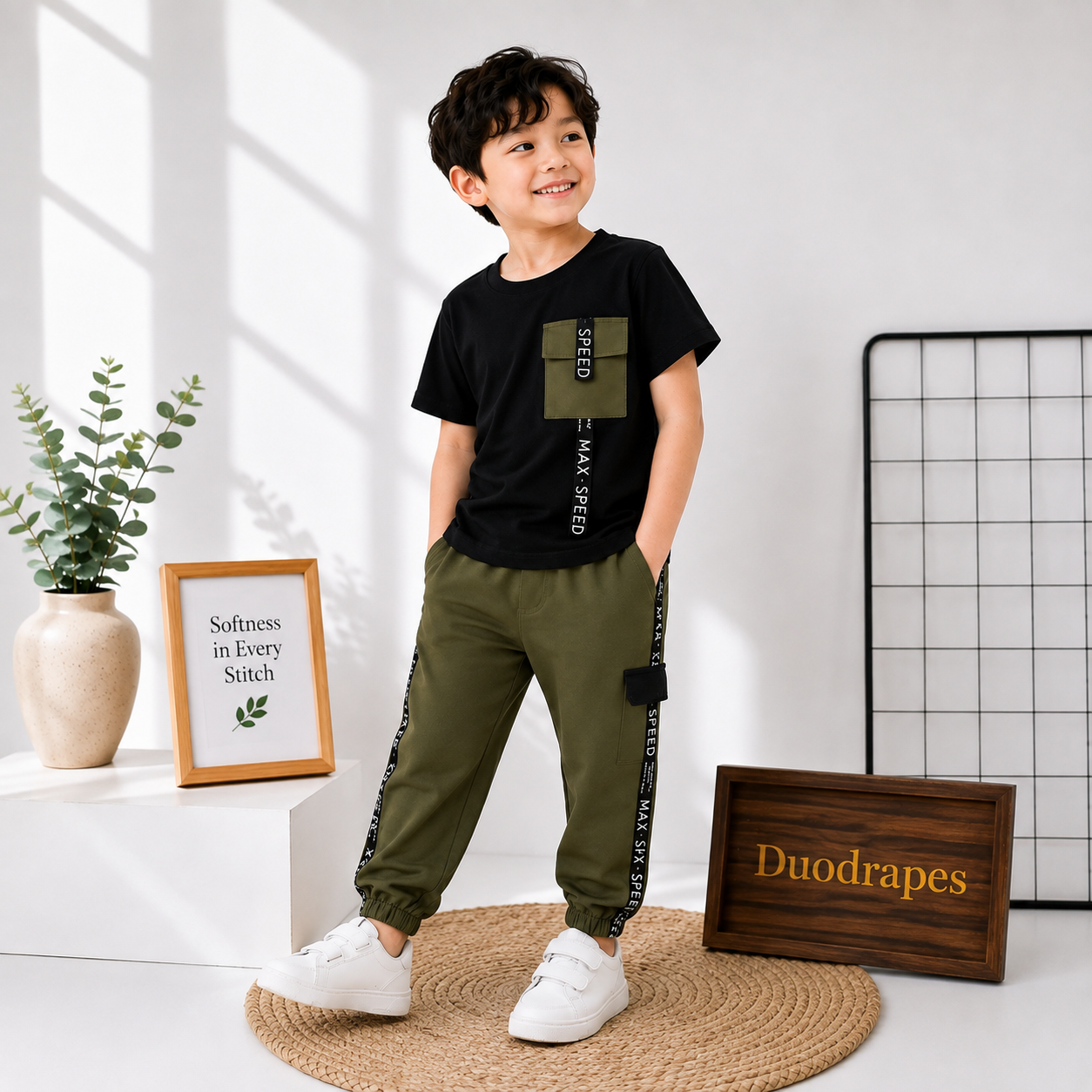 Boys Black & Olive Green Casual T-Shirt & Jogger Set
