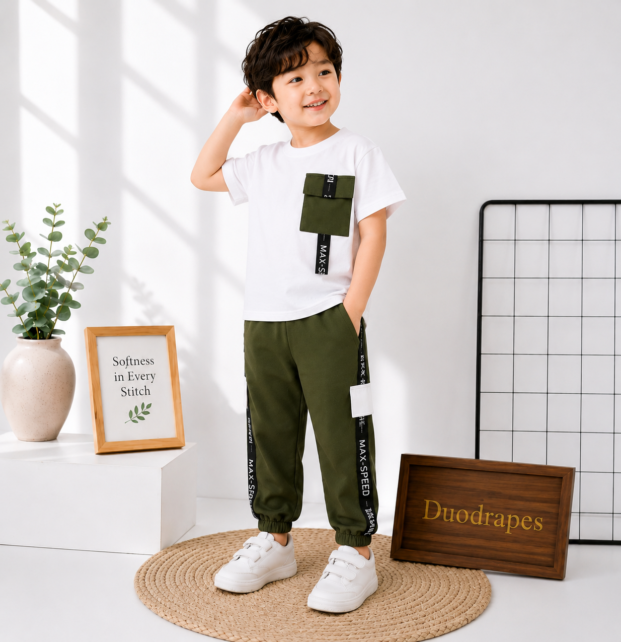Urban Edge Kids Co-Ord Set – White & Olive Green