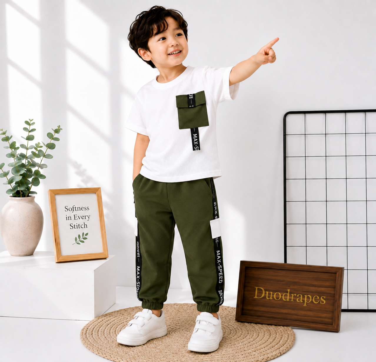 Urban Edge Kids Co-Ord Set – White & Olive Green