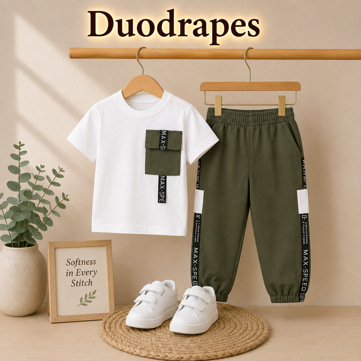 Urban Edge Kids Co-Ord Set – White & Olive Green
