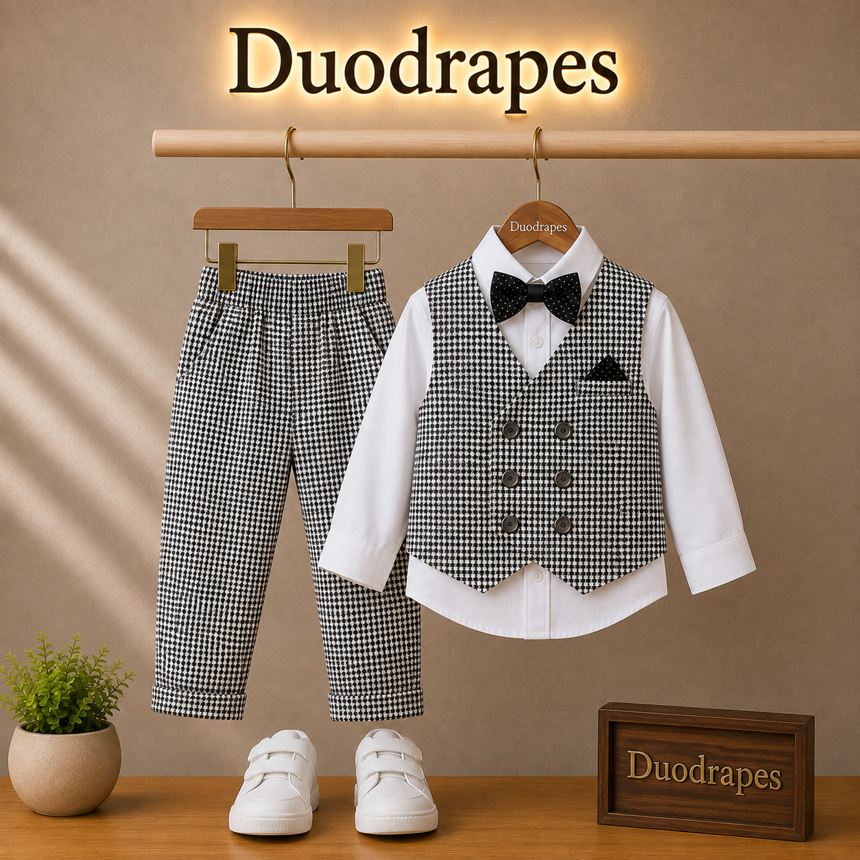 Black & White Checkered Waistcoat Shirt & Trouser Set for Boys | Party Wear | DuoDrapes