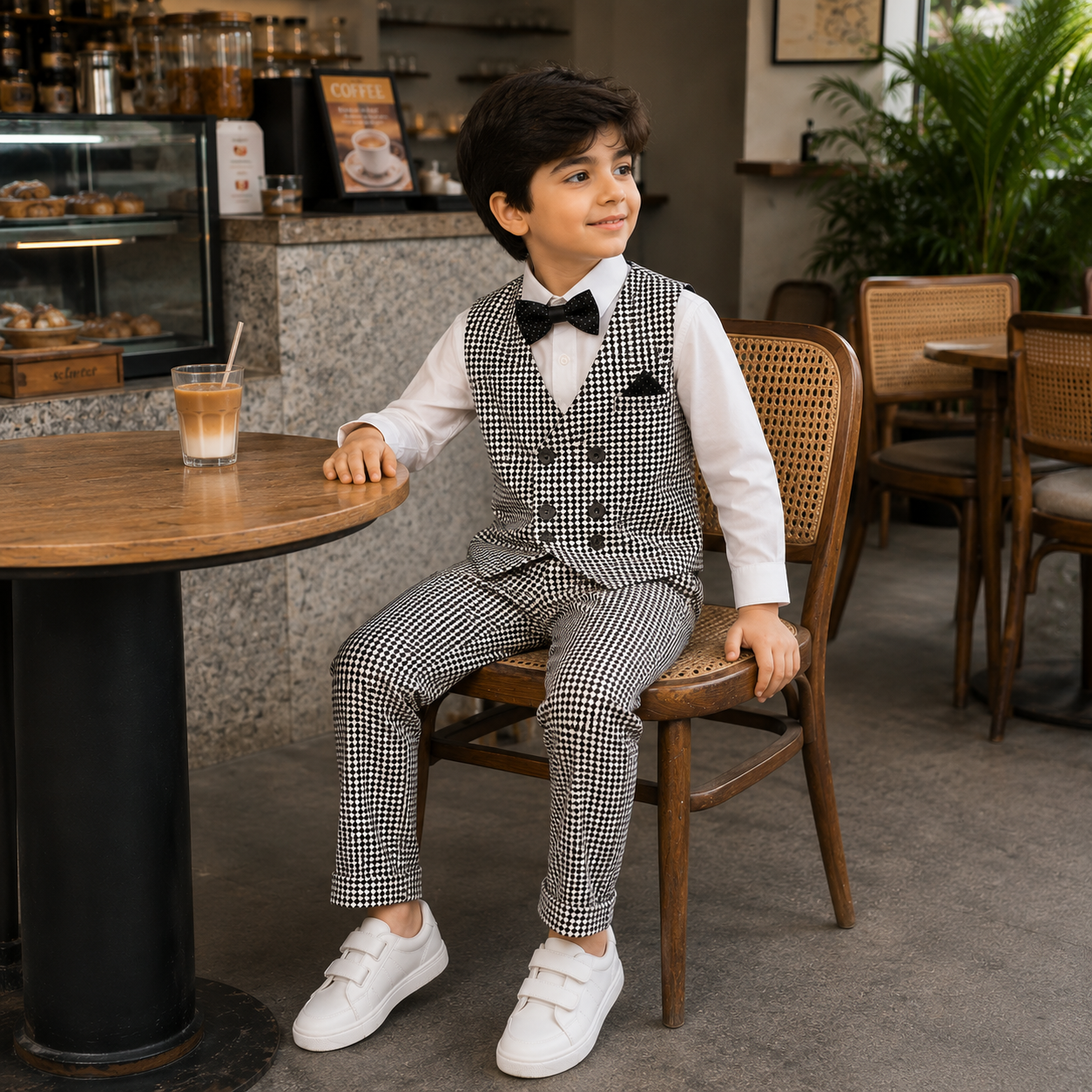 Black & White Checkered Waistcoat Shirt & Trouser Set for Boys | Party Wear | DuoDrapes