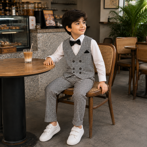 Black & White Checkered Waistcoat Shirt & Trouser Set for Boys | Party Wear | DuoDrapes