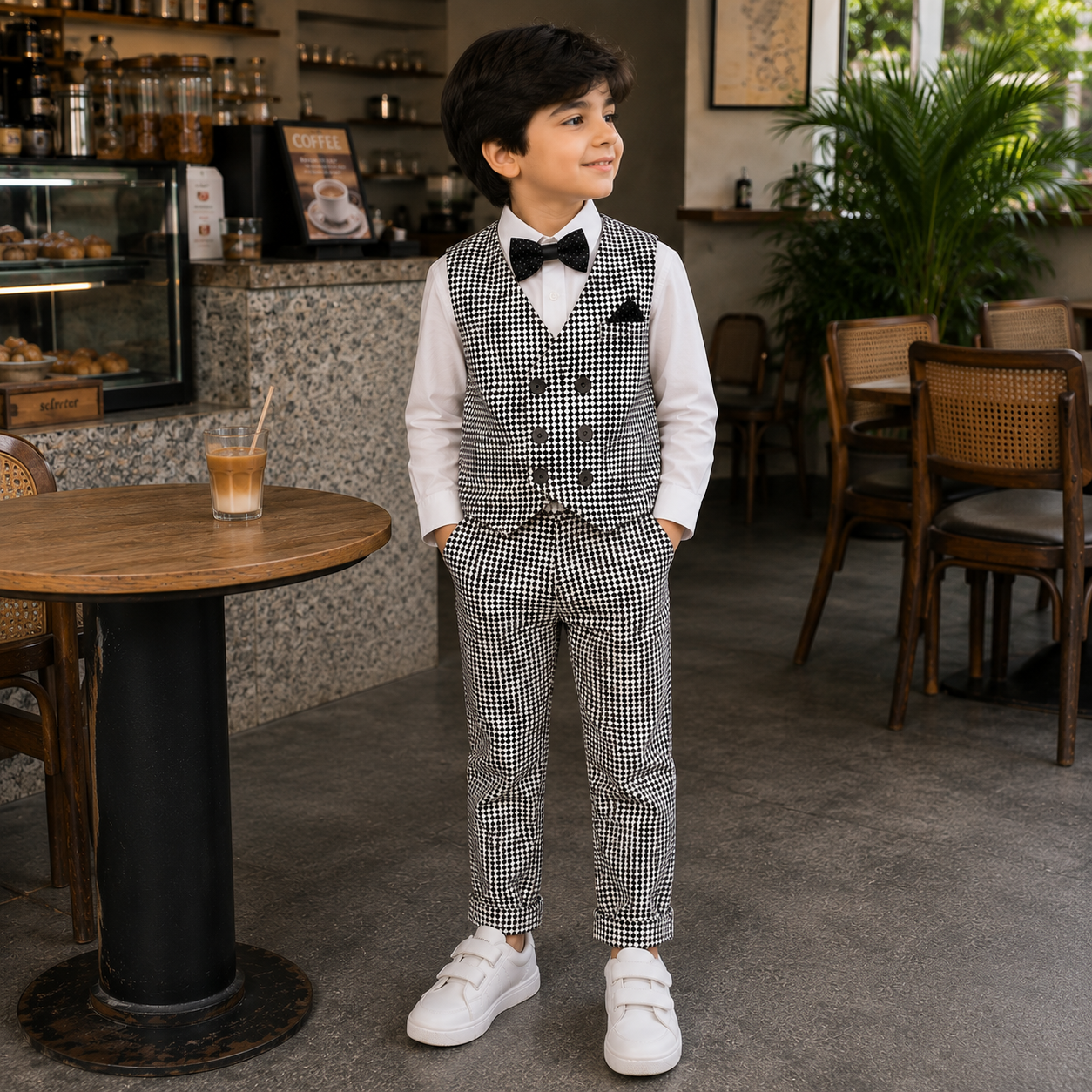 Black & White Checkered Waistcoat Shirt & Trouser Set for Boys | Party Wear | DuoDrapes