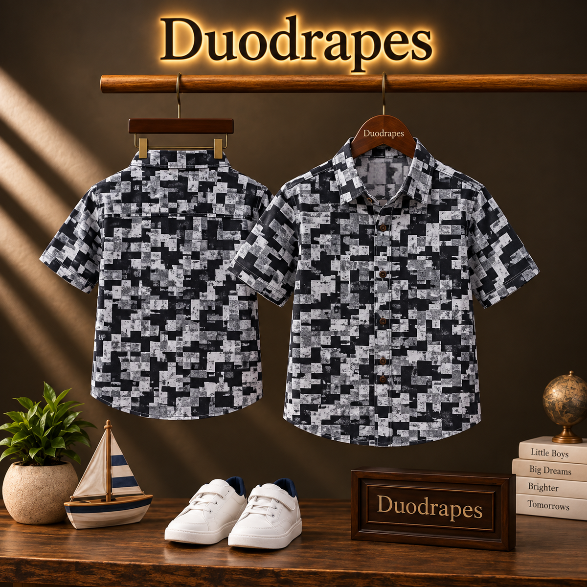 Boys Black Grey Geometric Print Half Sleeve Shirt