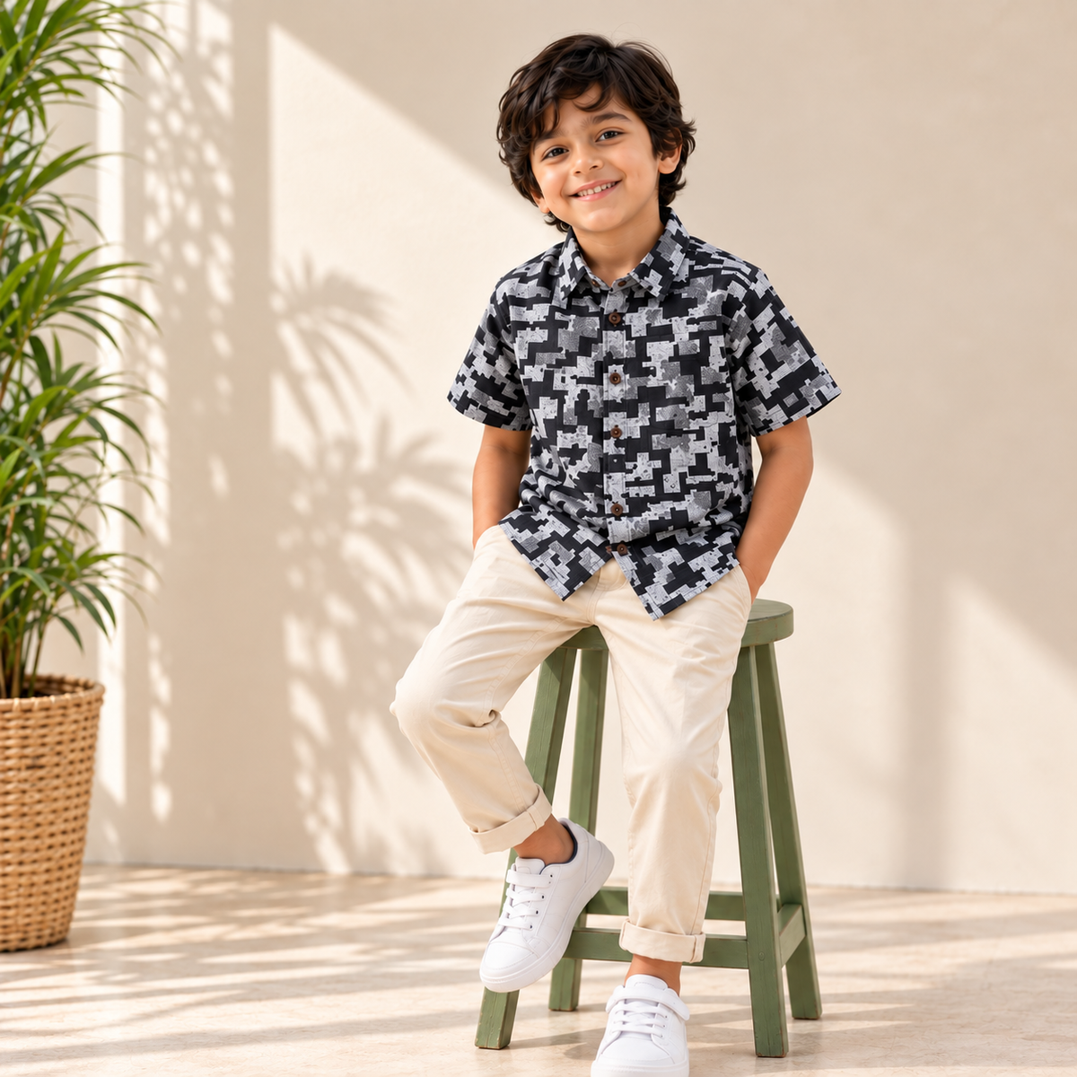 Boys Black Grey Geometric Print Half Sleeve Shirt