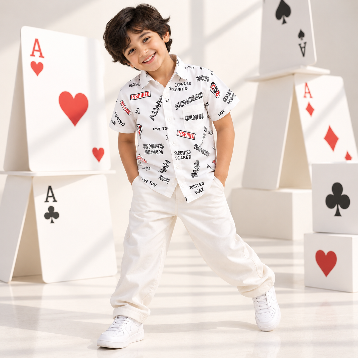 Boys White Black Graphic Print Half Sleeve Shirt