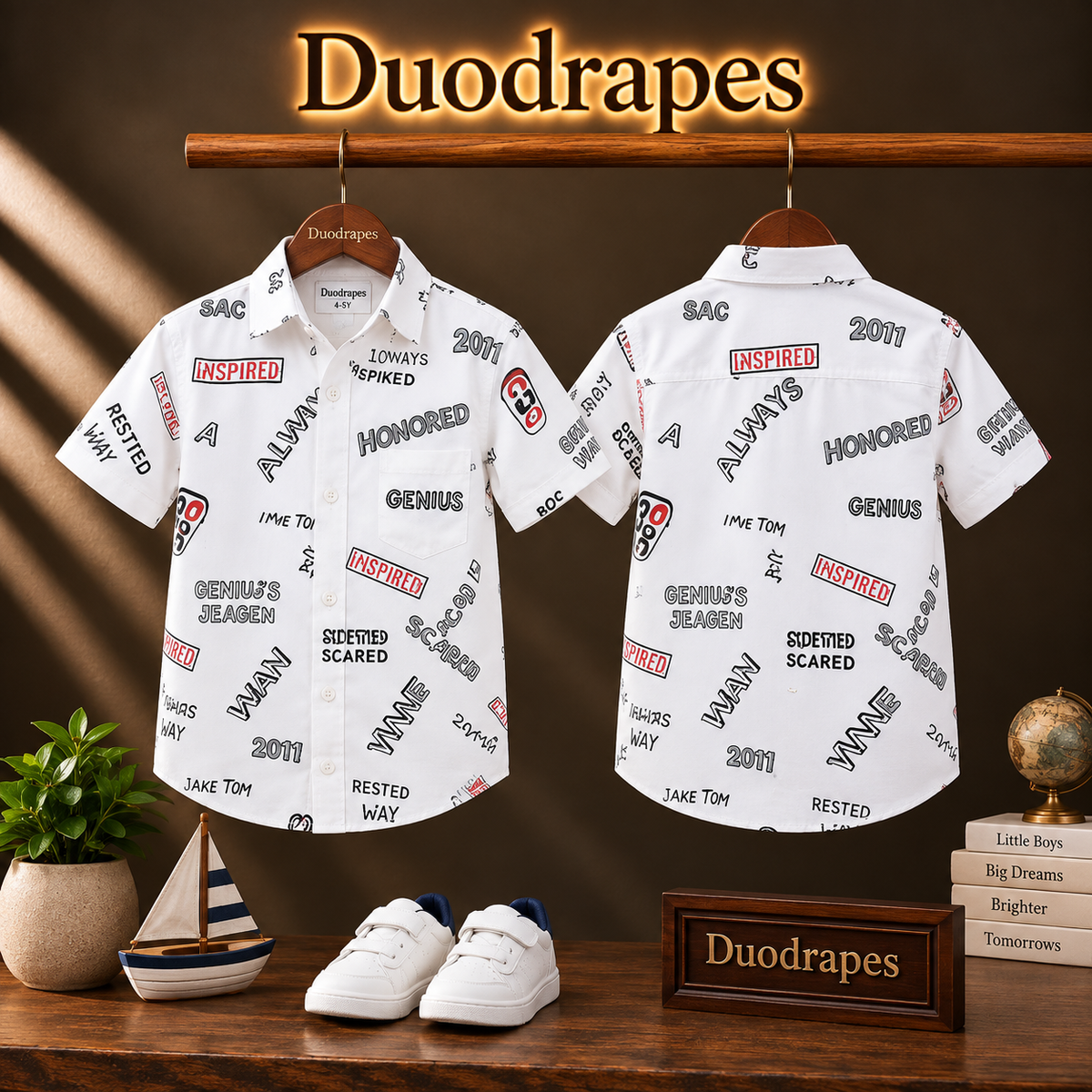 Boys White Black Graphic Print Half Sleeve Shirt