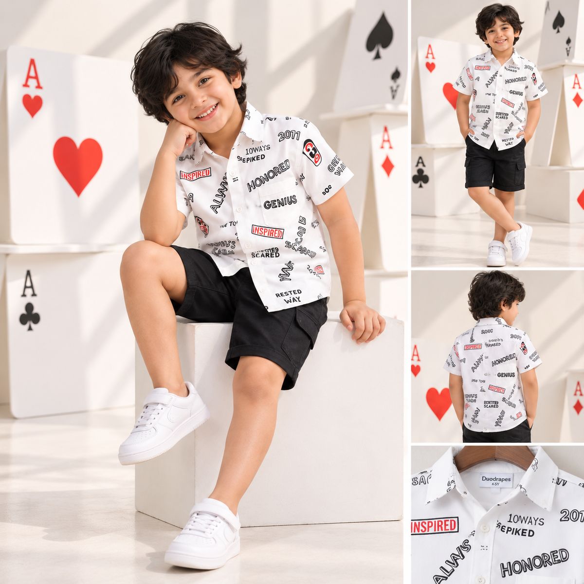 Boys White Black Graphic Print Half Sleeve Shirt