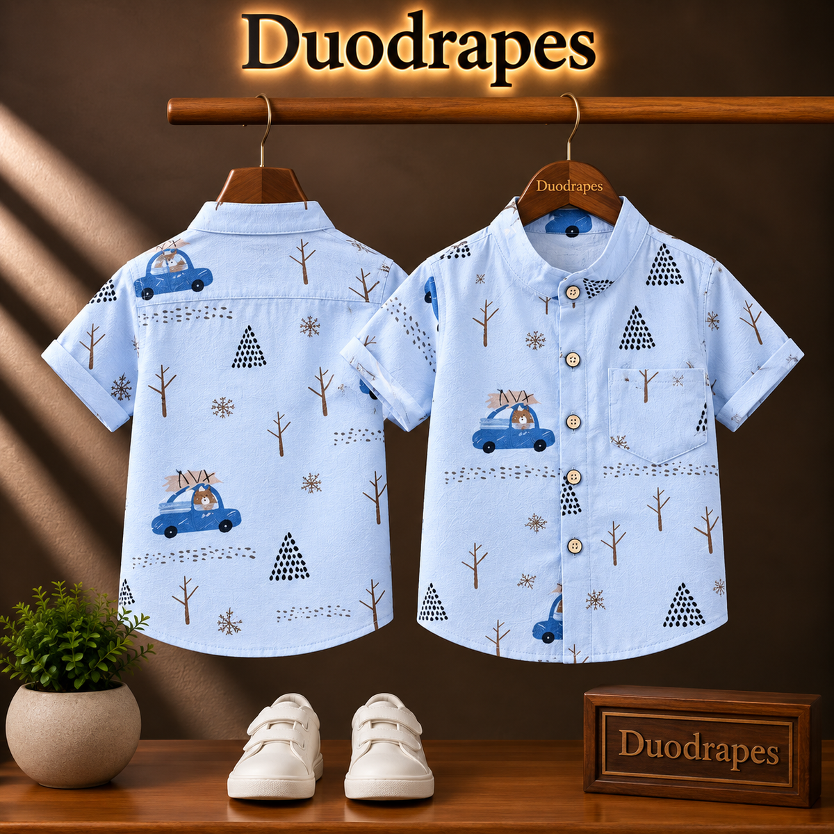 Boys Blue Printed Chinese Collar Shirt – Car & Tree Print Half Sleeve Shirt