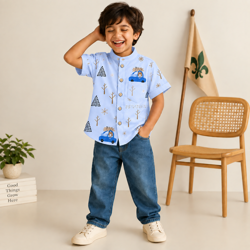 Boys Blue Printed Chinese Collar Shirt – Car & Tree Print Half Sleeve Shirt