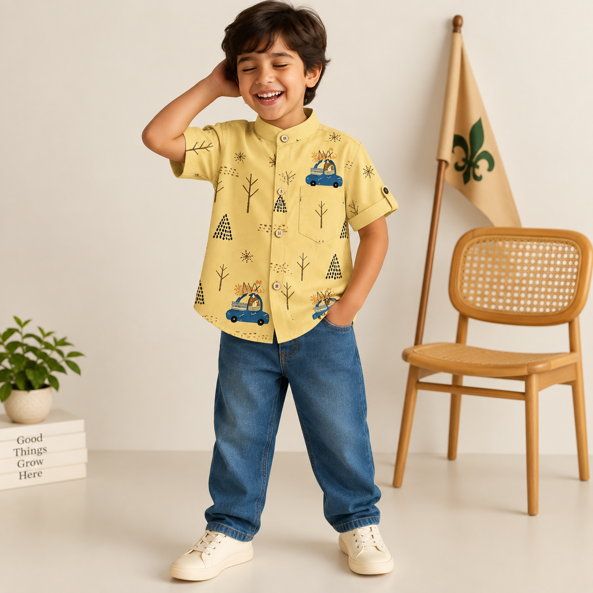 Boys Yellow Printed Chinese Collar Shirt – Car & Tree Print Half Sleeve Shirt