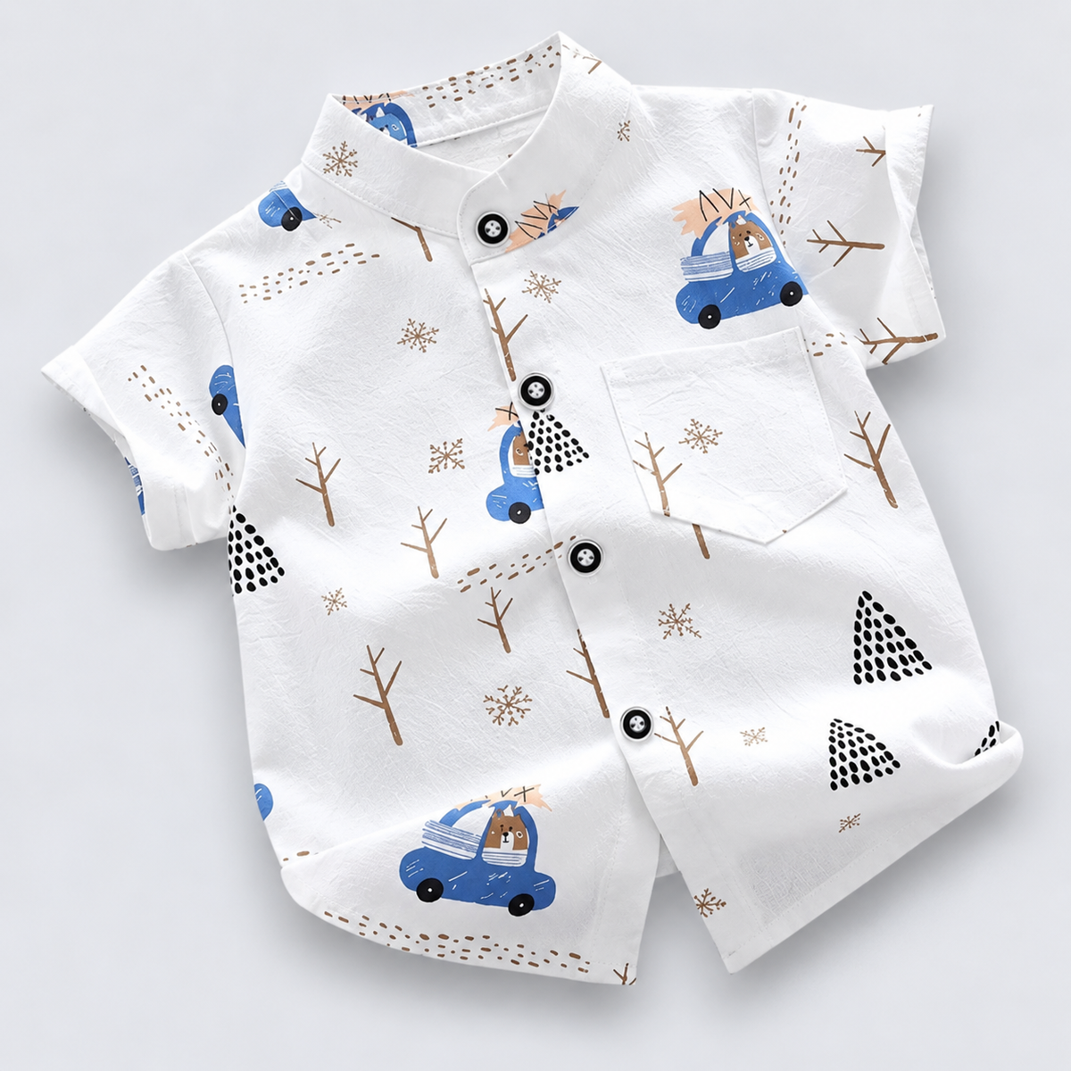 Boys White Printed Chinese Collar Shirt – Car & Tree Print Half Sleeve Shirt