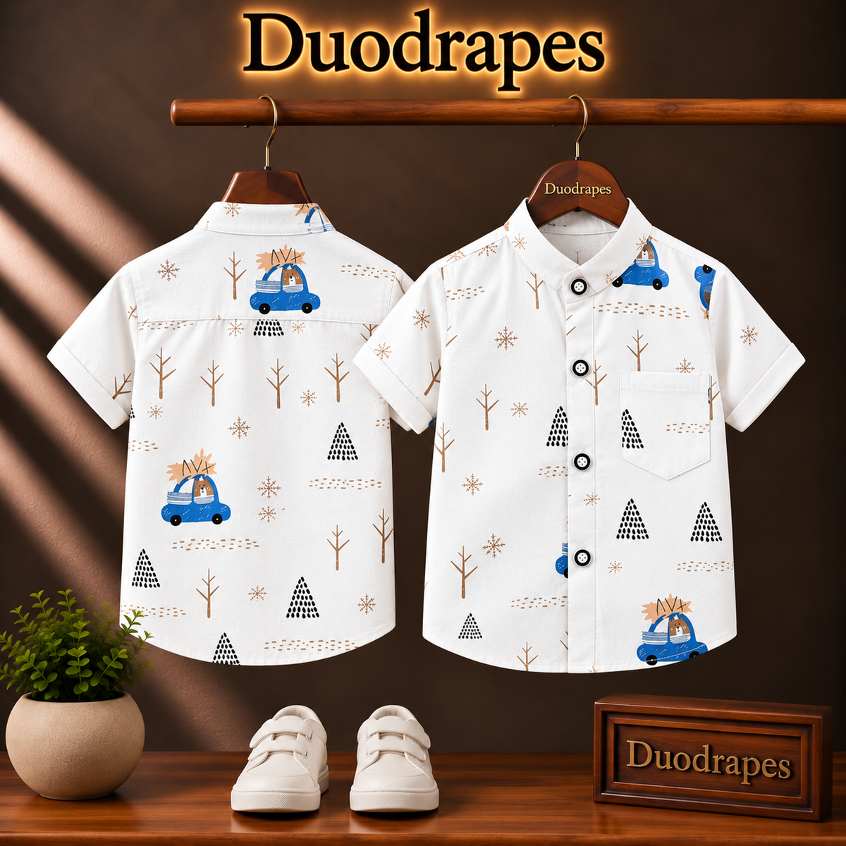 Boys White Printed Chinese Collar Shirt – Car & Tree Print Half Sleeve Shirt