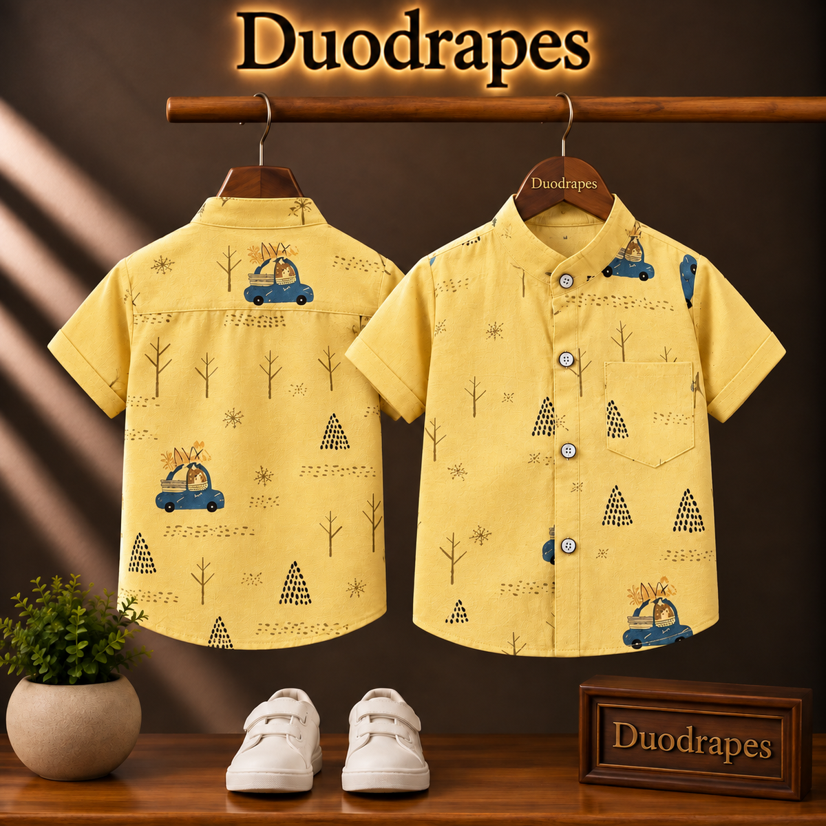 Boys Yellow Printed Chinese Collar Shirt – Car & Tree Print Half Sleeve Shirt